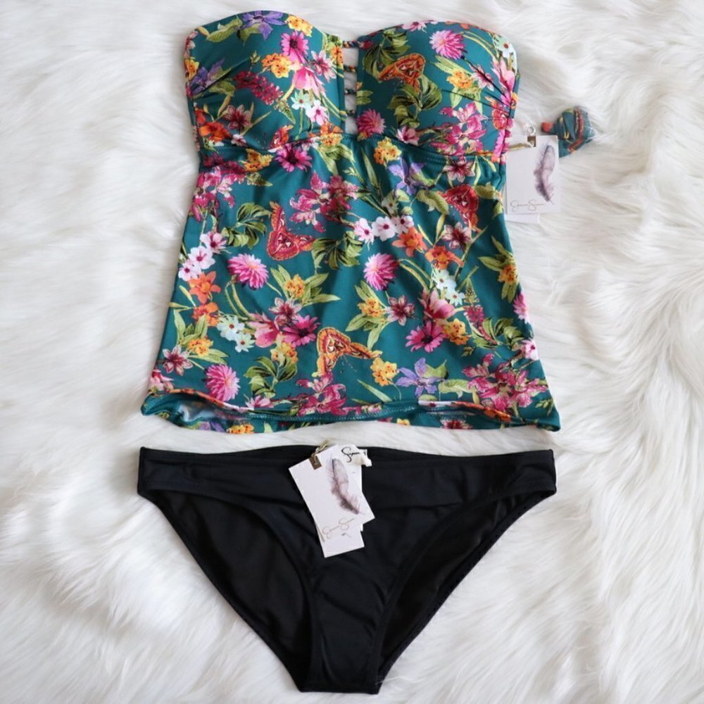 NWT Jessica Simpson Green Black Floral Print Bikini Swim Set Size Medium